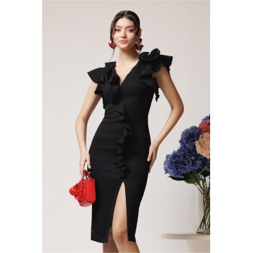 Rochie Ella Collection Helen eleganta din stofa neagra cu volan si brosa