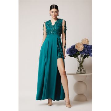 Rochie Ella Collection Vanessa lunga eleganta din tafta verde cu flori 3D