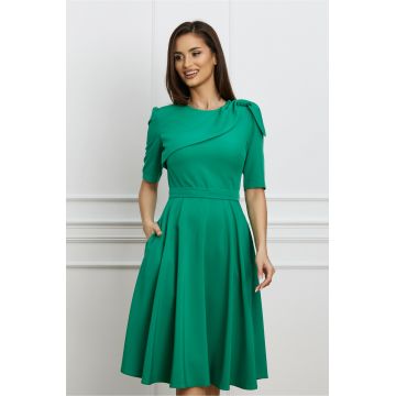 Rochie office din stofa verde cu funda pe umar