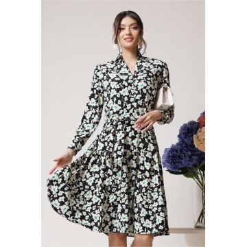 Rochie office din triplu voal neagra cu floricele si cordon in talie