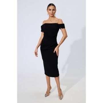 Rochie de ocazie midi cu pliuri si maneci lasate Nova Neagra