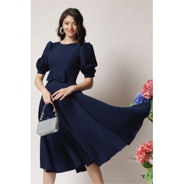 Rochie DY Fashion office din stofa bleumarin cu funda in talie