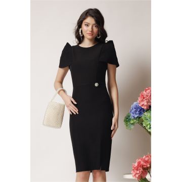 Rochie eleganta din stofa neagra cu umeri bufanti