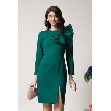 Rochie Moze eleganta din stofa verde cu funda maxi pe bust