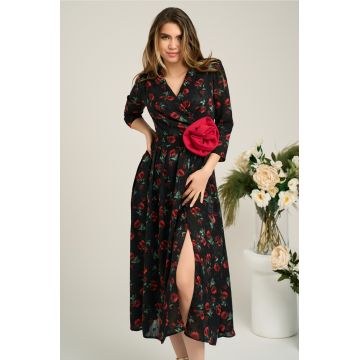 Rochie Moze eleganta din voal neagra cu trandafiri rosii