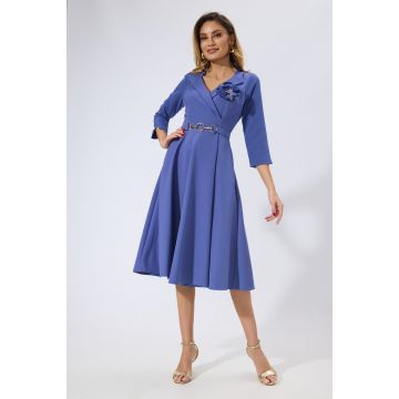 Rochie office din crepe cu buzunare si decolteu petrecut Ilma Indigo