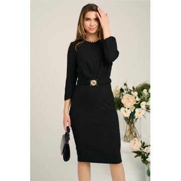 Rochie office din jerse neagra cu model si cordon in talie