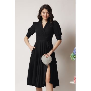 Rochie office din stofa neagra cu funda in talie