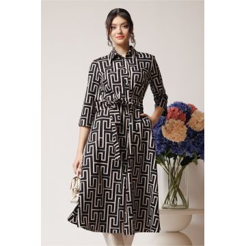 Rochie office din stofa neagra cu imprimeu bej si cordon in talie