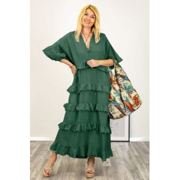 Rochie oversize din in si bumbac cu volane aplicate, verde inchis Rochie oversize din in si bumbac cu volane aplicate, verde inchis