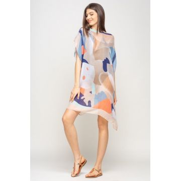 Rochie de plaja tip poncho cu model abstract in nuante de bej, alb si albastru, vascoza