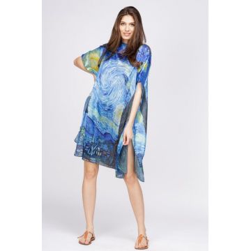 Rochie de plaja tip poncho din matase cu reproducere dupa    Noaptea Instelata   - de Van Gogh