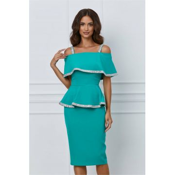 Rochie eleganta din stofa turcoaz cu strasuri si peplum