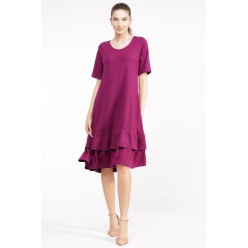 Rochie A line midi, din vascoza bordo cu doua volane poale