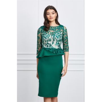 Rochie eleganta din stofa verde cu broderie la bust