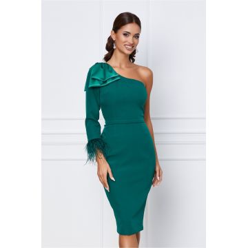 Rochie eleganta verde cu o maneca si funda maxi pe umar