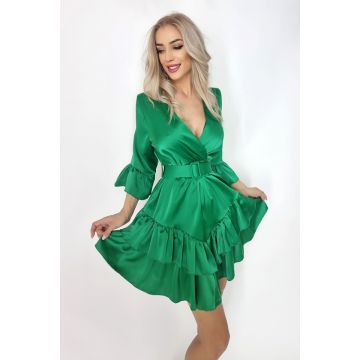 Rochie Lanvin, cu volane, maneca trei sferturi si curea inclusa, Verde, Marime universala S/M