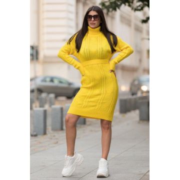 Rochie tricotata Sara, cu guler rulat si maneci lungi, Galben, Marime universala S/M