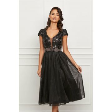 Rochie eleganta din tull neagra cu broderie la bust si funda in talie