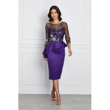 Rochie eleganta mov cu broderie la bust si peplum in talie