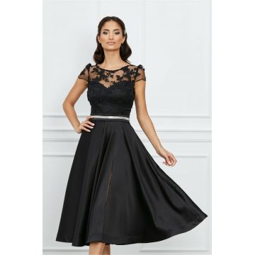 Rochie eleganta neagra cu dantela la bust si crepeu maxi