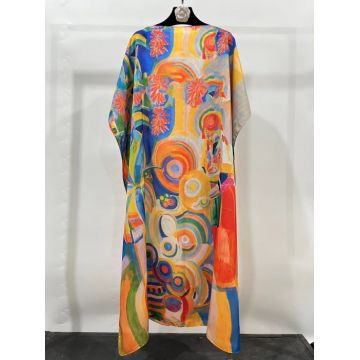 Rochie de plaja lunga tip poncho din matase cu cercuri si motive abstracte multicolore