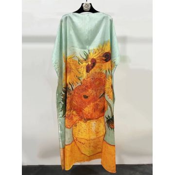 Rochie de plaja lunga tip poncho din matase cu reproducere dupa Floarea Soarelui de Van Gogh