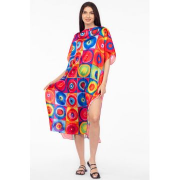 Rochie de plaja lunga tip poncho din matase cu reproducere dupa Kandinski