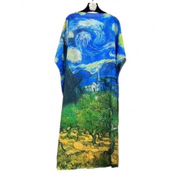 Rochie de plaja lunga tip poncho din matase cu reproducere dupa Noaptea Instelata a lui Van Gogh