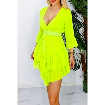 Rochie vaporoasa Evelina, din voal, maneca trei sferturi si curea inclusa, Galben neon, Marime S/M