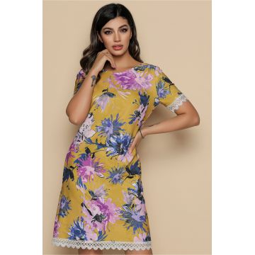 Rochie galbena cu imprimeu floral roz